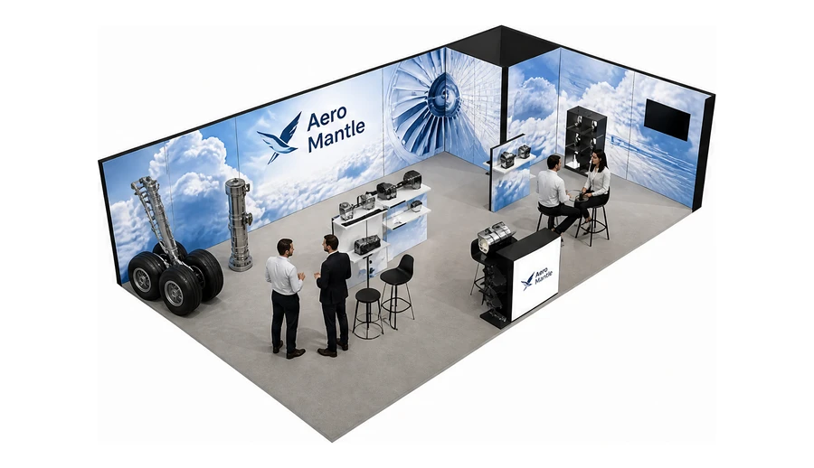 Stoisko 10 × 6 m narożne prawe dla branży lotnictwo, przykładowa marka Aero Mantle