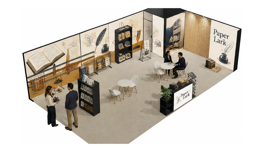 Stoisko 10 × 6 m narożne prawe dla branży wydawnictwa, przykładowa marka Paper Lark
