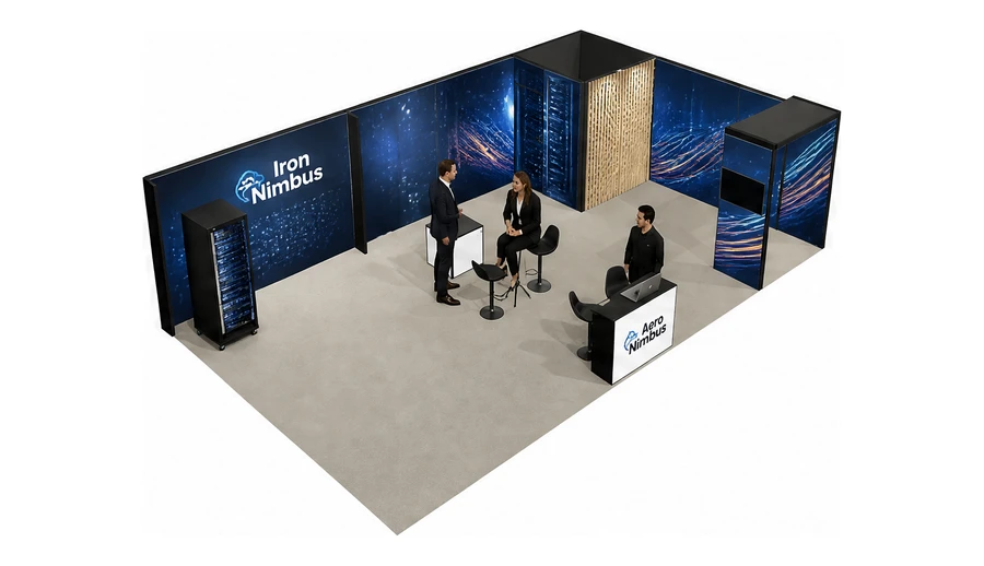 Stoisko 10 × 6 m narożne prawe dla branży infrastruktura IT i data center, przykładowa marka Iron Nimbus