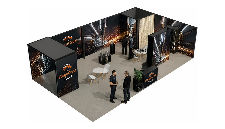 Stoisko 10 × 6 m narożne prawe dla branży obrabiarki i narzędzia, przykładowa marka ForgeCrest Tools