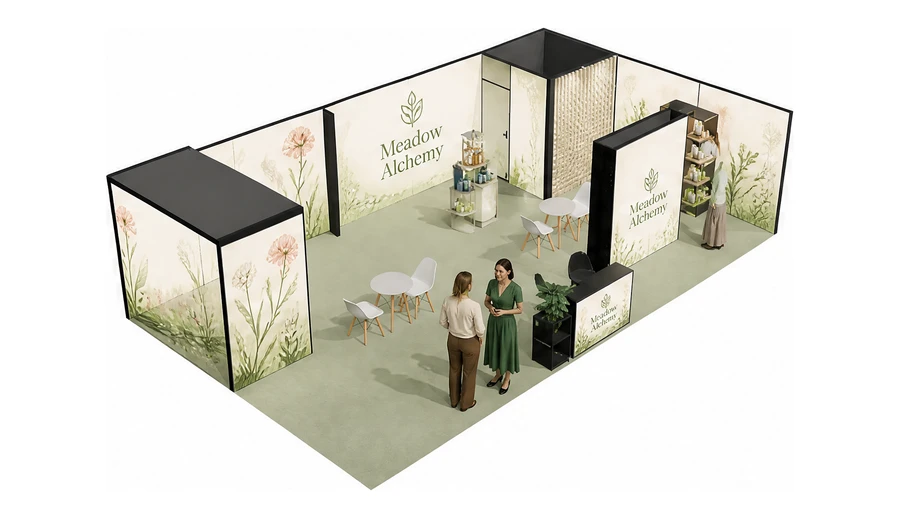 Stoisko 10 × 6 m narożne prawe dla branży kosmetyki naturalne, przykładowa marka Meadow Alchemy