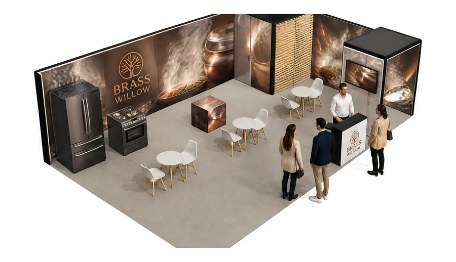 Stoisko 10 × 6 m narożne prawe dla branży sprzęt kuchenny i AGD, przykładowa marka Brass Willow