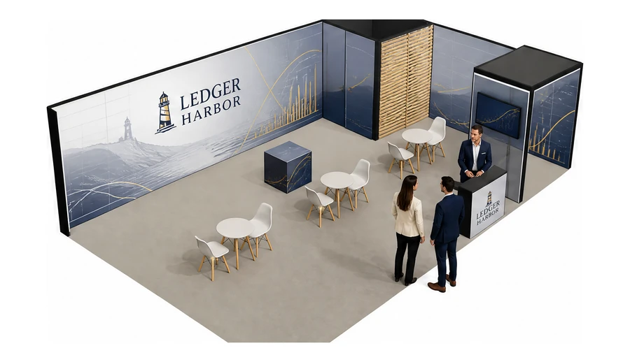 Stoisko 10 × 6 m narożne prawe dla branży usługi finansowe i księgowe, przykładowa marka Ledger Harbor