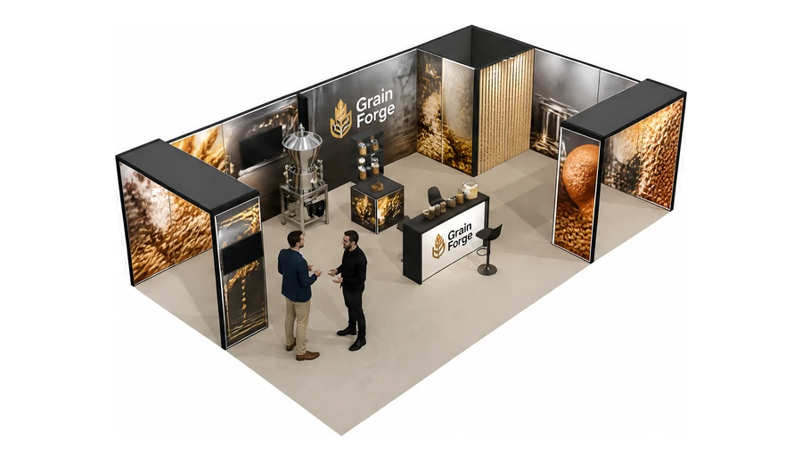 Stoisko 10 × 6 m narożne prawe dla branży technologie spożywcze, przykładowa marka Grain Forge