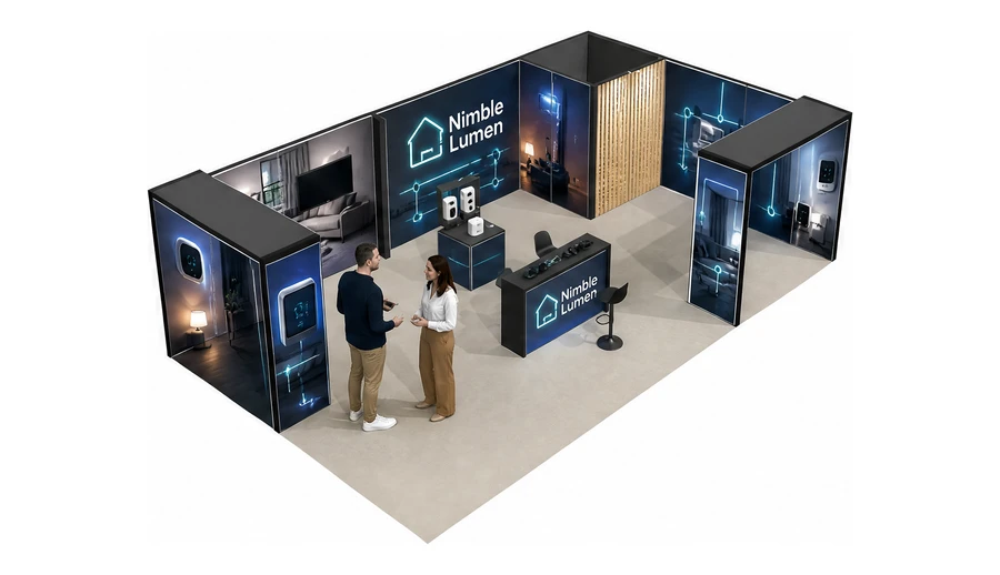 Stoisko 10 × 6 m narożne prawe dla branży smart home i IoT, przykładowa marka Nimble Lumen