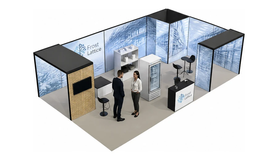 Stoisko 10 × 6 m narożne prawe dla branży łańcuch chłodniczy, przykładowa marka Frost Lattice