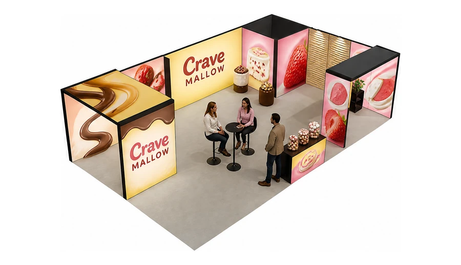 Stoisko 10 × 6 m narożne prawe dla branży słodycze i przekąski, przykładowa marka Crave Mallow