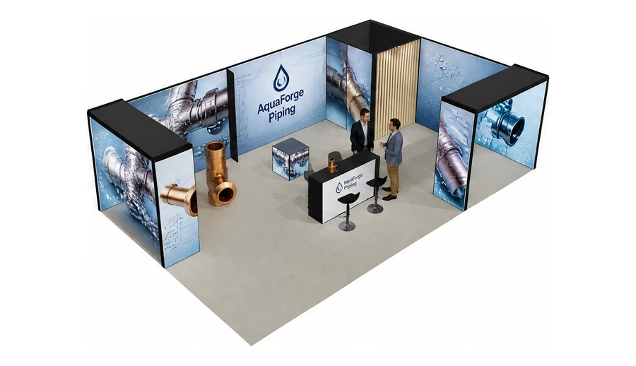 Stoisko 10 × 6 m narożne prawe dla branży instalacje wodno-kanalizacyjne, przykładowa marka AquaForge Piping