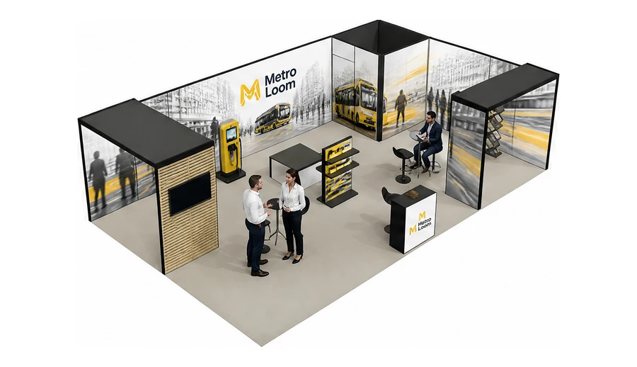 Stoisko 10 × 6 m narożne prawe dla branży autobusy i transport zbiorowy, przykładowa marka Metro Loom