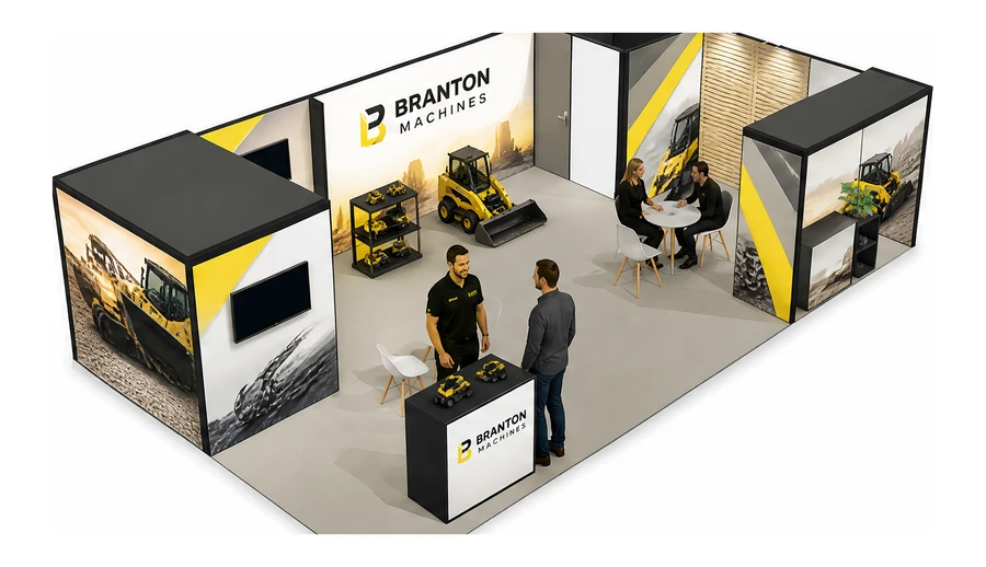 Stoisko 10 × 6 m narożne prawe dla branży maszyny budowlane, przykładowa marka Branton Machines