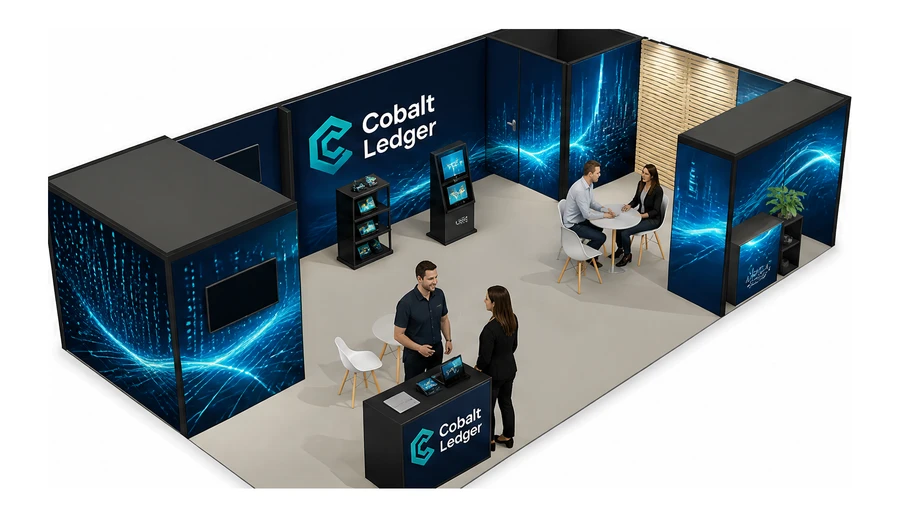 Stoisko 10 × 6 m narożne prawe dla branży oprogramowanie dla firm, przykładowa marka Cobalt Ledger