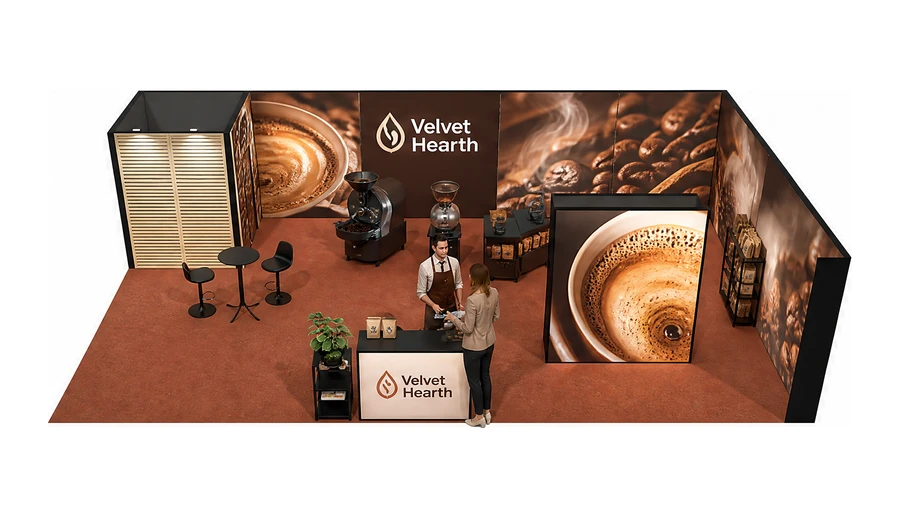 Stoisko 10 × 6 m narożne prawe dla branży palarnia kawy, przykładowa marka Velvet Hearth