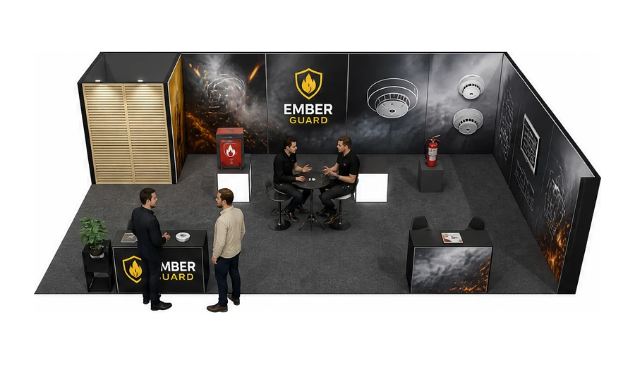 Stoisko 10 × 6 m narożne prawe dla branży ochrona przeciwpożarowa, przykładowa marka Ember Guard