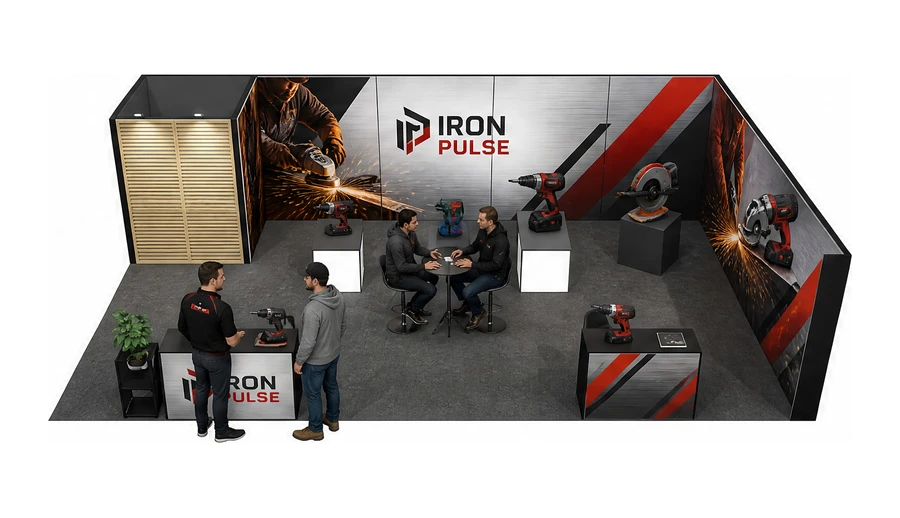 Stoisko 10 × 6 m narożne prawe dla branży elektronarzędzia, przykładowa marka Iron Pulse
