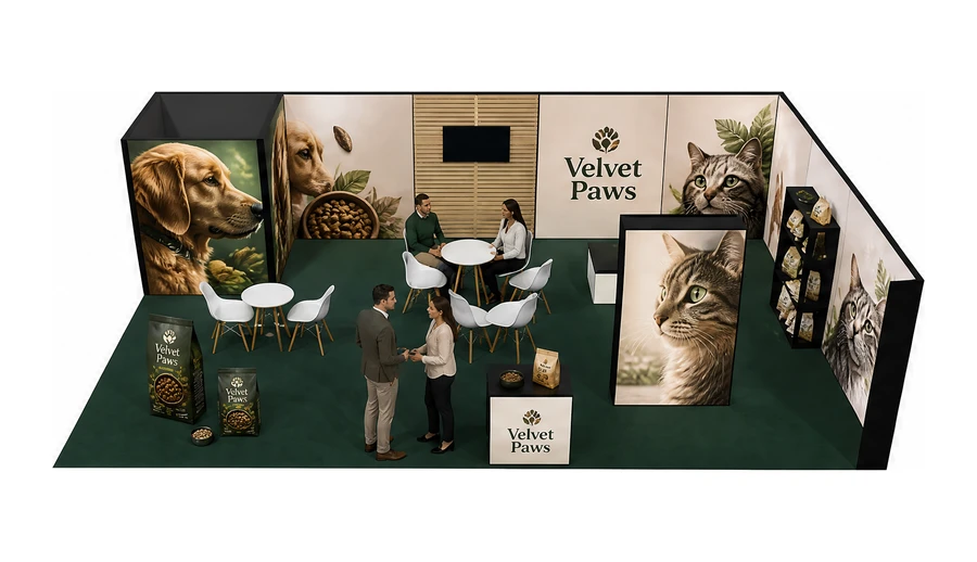 Stoisko 10 × 6 m narożne prawe dla branży karma dla zwierząt, przykładowa marka Velvet Paws
