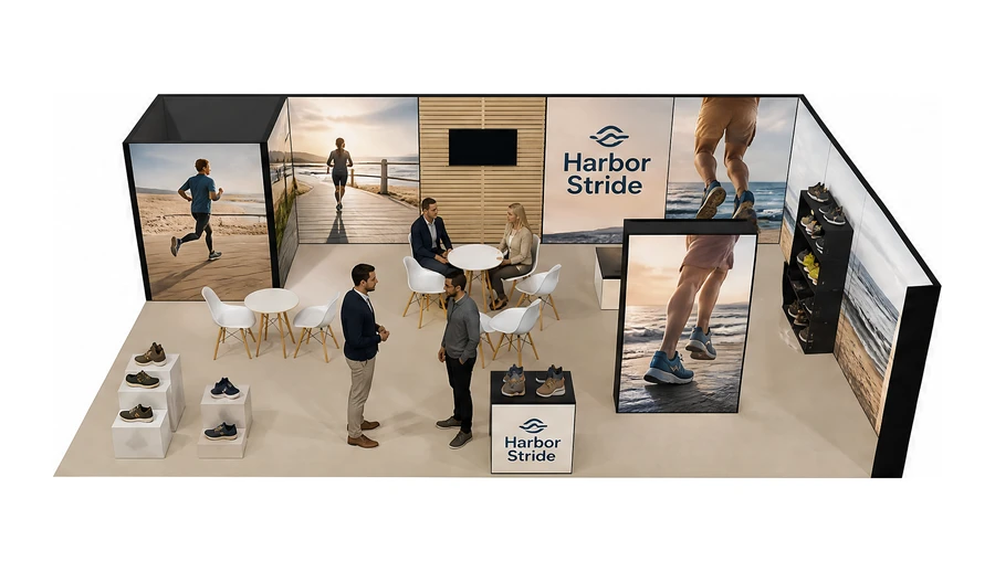 Stoisko 10 × 6 m narożne prawe dla branży obuwie, przykładowa marka Harbor Stride