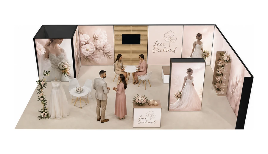 Stoisko 10 × 6 m narożne prawe dla branży branża ślubna, przykładowa marka Lace Orchard