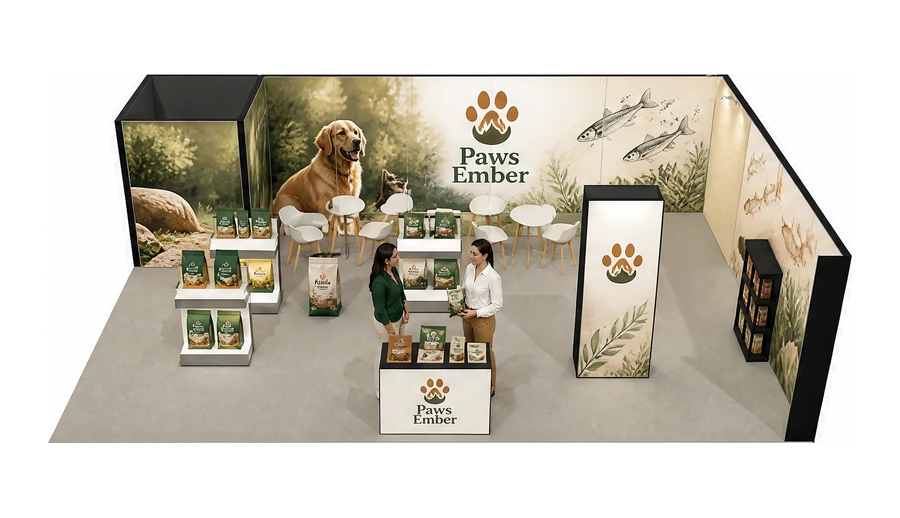 Stoisko 10 × 6 m narożne prawe dla branży karma dla zwierząt, przykładowa marka Paws Ember