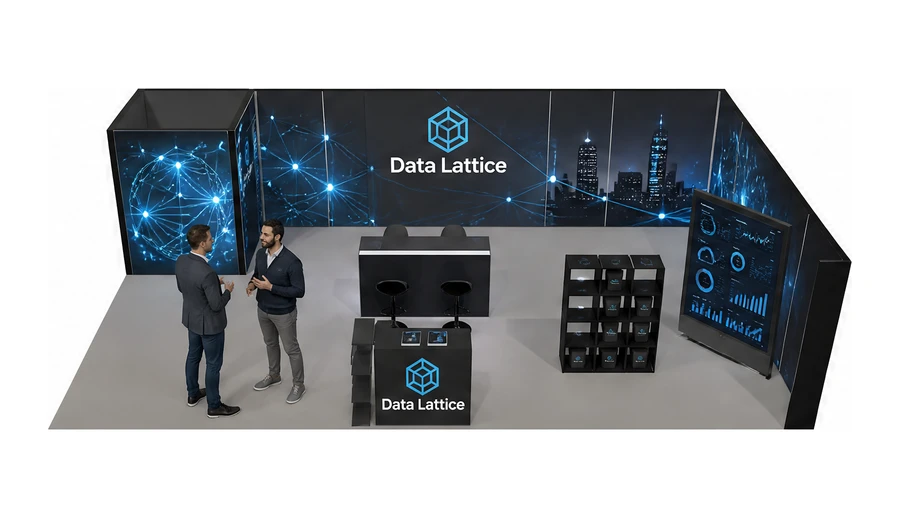 Stoisko 10 × 6 m narożne prawe dla branży sztuczna inteligencja i dane, przykładowa marka Data Lattice