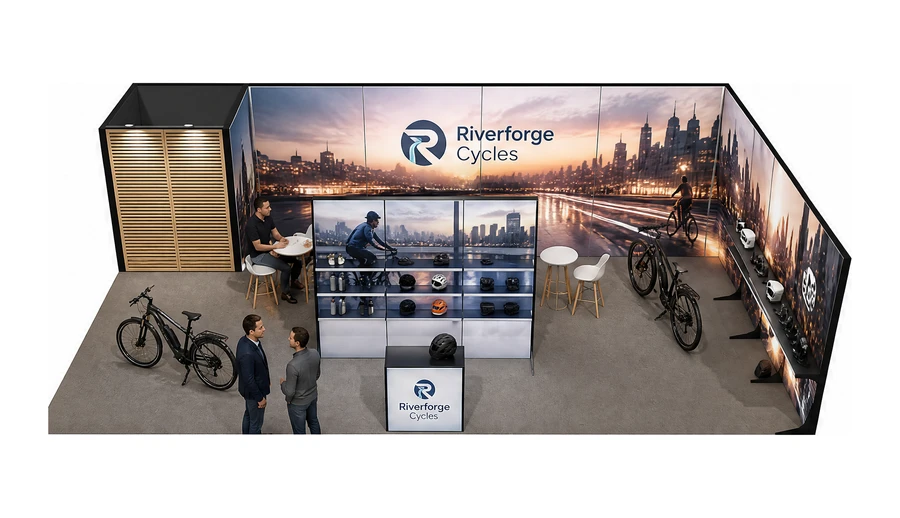 Stoisko 10 × 6 m narożne prawe dla branży rowery elektryczne, przykładowa marka Riverforge Cycles