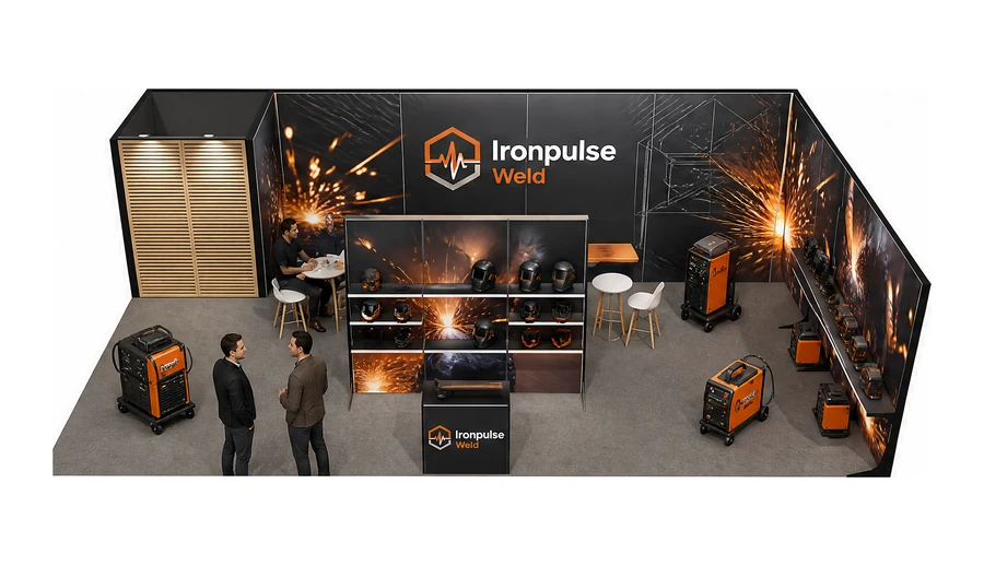 Stoisko 10 × 6 m narożne prawe dla branży spawalnictwo, przykładowa marka Ironpulse Weld