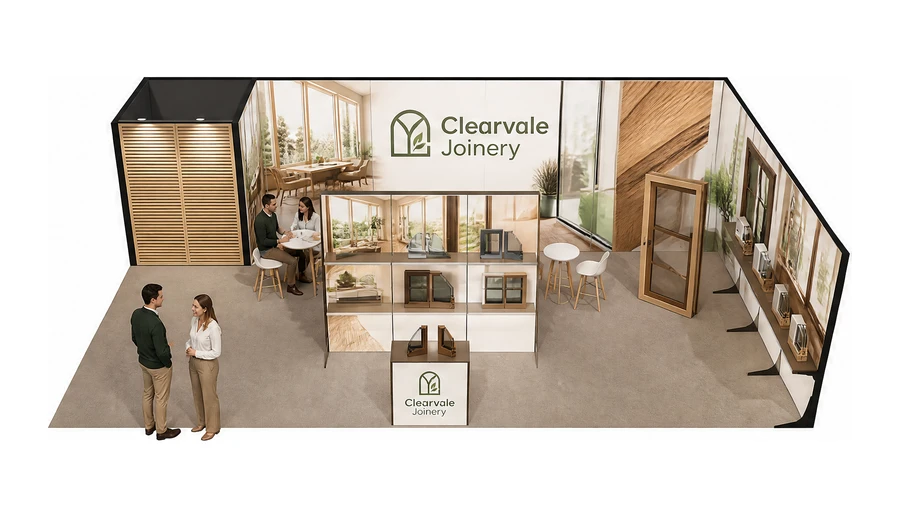 Stoisko 10 × 6 m narożne prawe dla branży okna i drzwi, przykładowa marka Clearvale Joinery