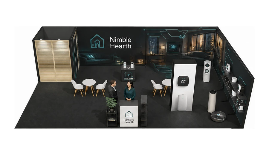 Stoisko 10 × 6 m narożne prawe dla branży smart home i IoT, przykładowa marka Nimble Hearth