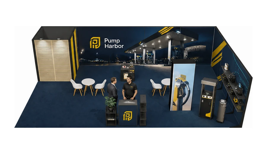 Stoisko 10 × 6 m narożne prawe dla branży stacje paliw, przykładowa marka Pump Harbor