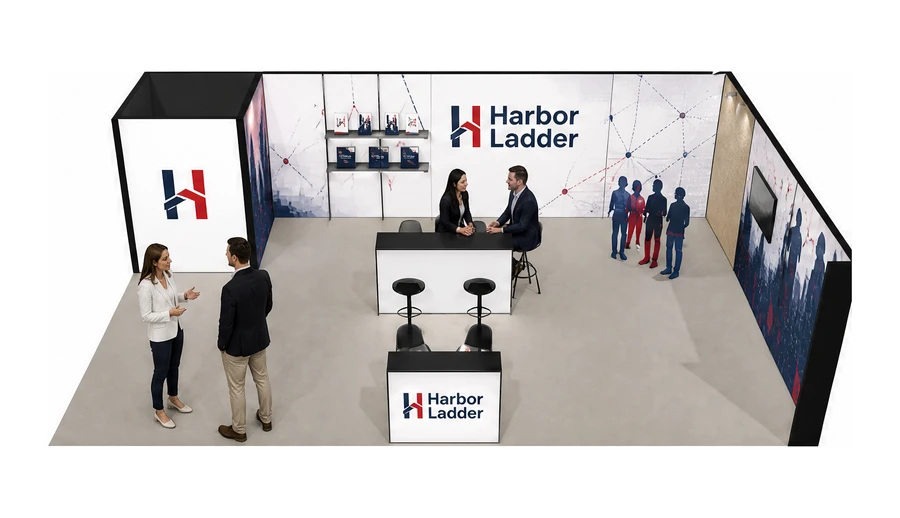 Stoisko 10 × 6 m narożne prawe dla branży franczyza i sieci, przykładowa marka Harbor Ladder