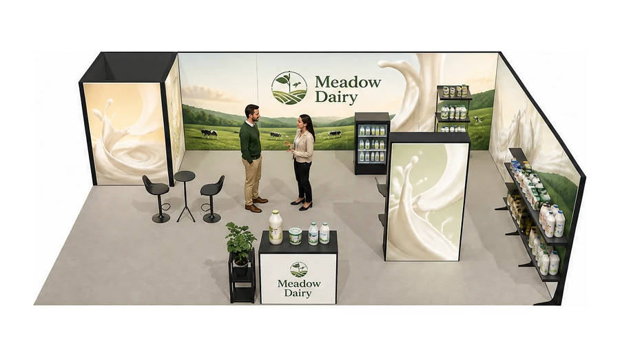 Stoisko 10 × 6 m narożne prawe dla branży nabiał i mleczarstwo, przykładowa marka Meadow Dairy