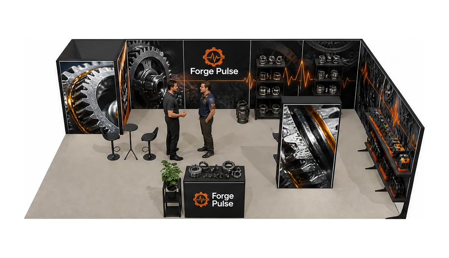 Stoisko 10 × 6 m narożne prawe dla branży utrzymanie ruchu, przykładowa marka Forge Pulse