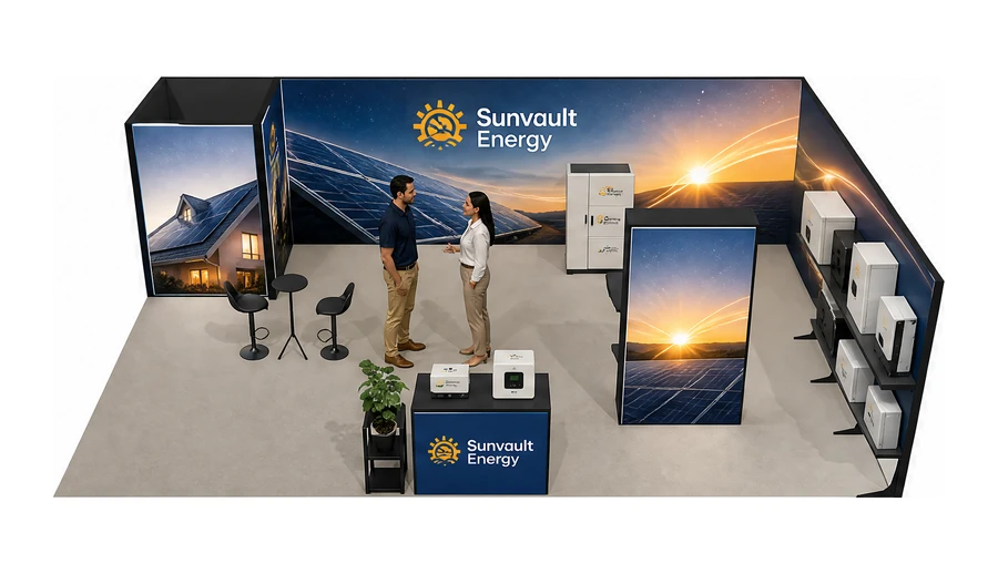 Stoisko 10 × 6 m narożne prawe dla branży fotowoltaika, przykładowa marka Sunvault Energy