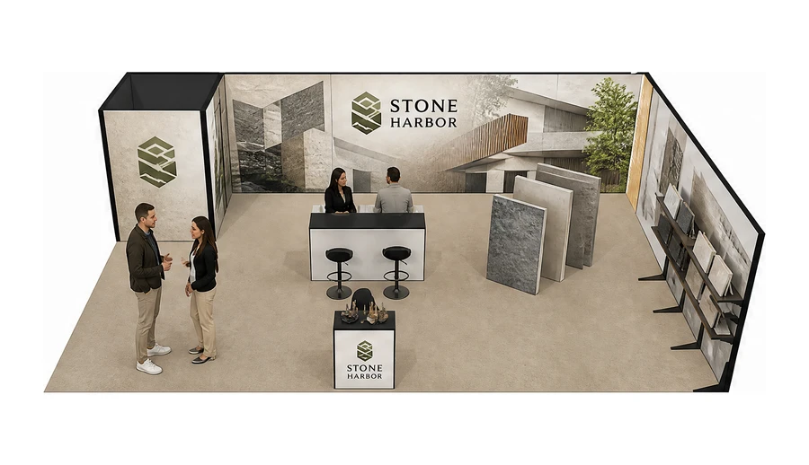 Stoisko 10 × 6 m narożne prawe dla branży materiały budowlane, przykładowa marka Stone Harbor