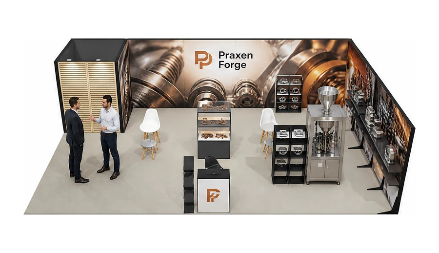 Stoisko 10 × 6 m narożne prawe dla branży maszyny pakujące, przykładowa marka Praxen Forge