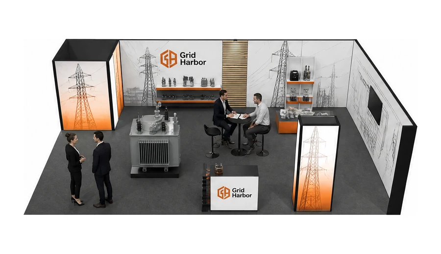 Stoisko 10 × 6 m narożne prawe dla branży energetyka i sieci, przykładowa marka Grid Harbor