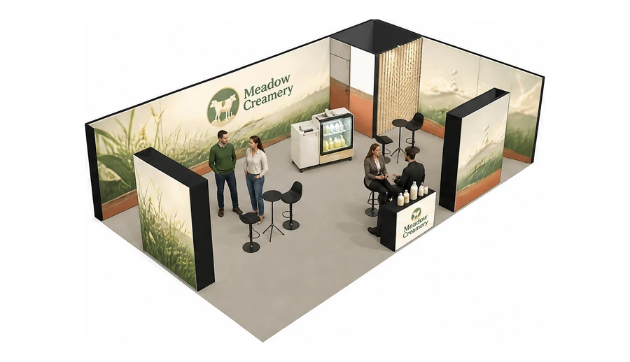 Stoisko 10 × 6 m narożne prawe dla branży nabiał i mleczarstwo, przykładowa marka Meadow Creamery