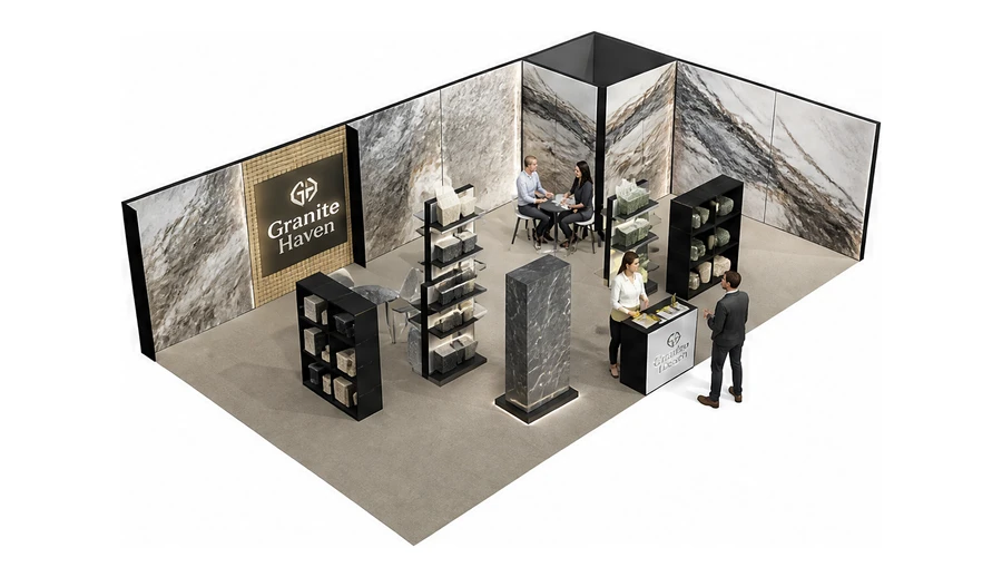 Stoisko 10 × 6 m narożne prawe dla branży kamień i kamieniarstwo, przykładowa marka Granite Haven