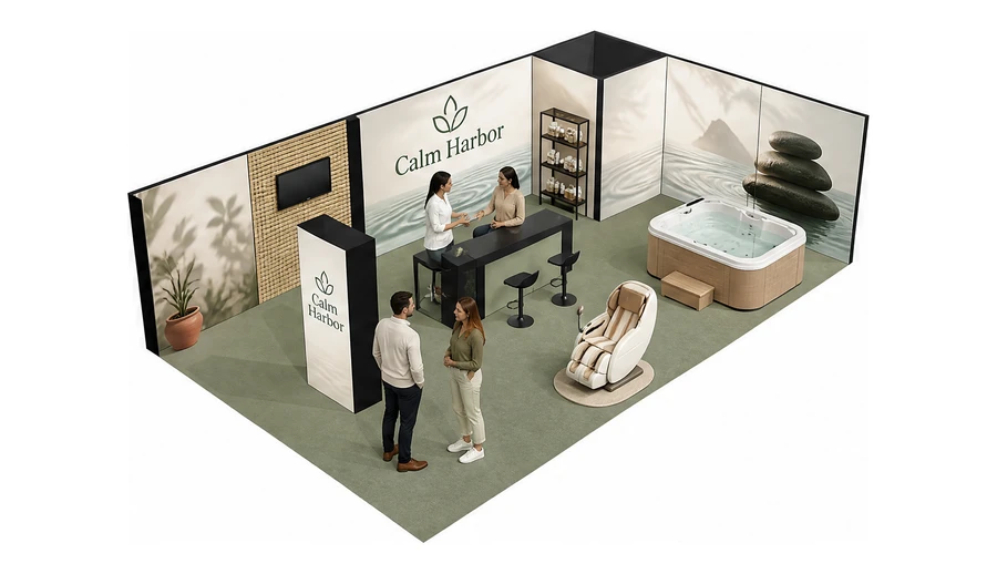 Stoisko 10 × 6 m narożne prawe dla branży spa i wellness, przykładowa marka Calm Harbor