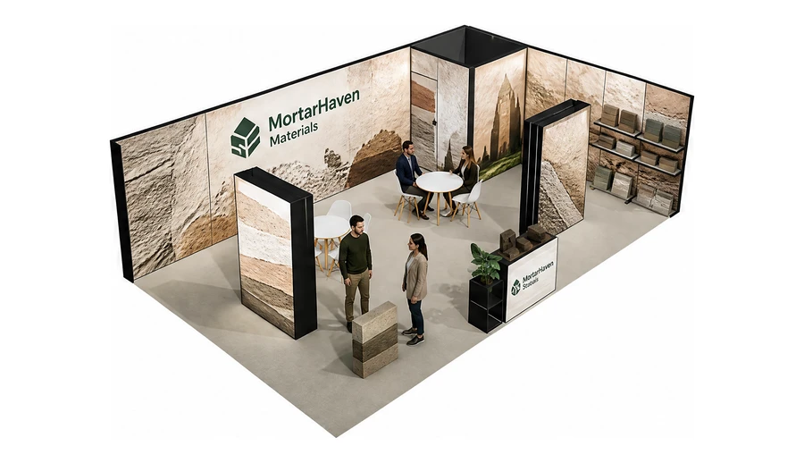 Stoisko 10 × 6 m narożne prawe dla branży materiały budowlane, przykładowa marka MortarHaven Materials