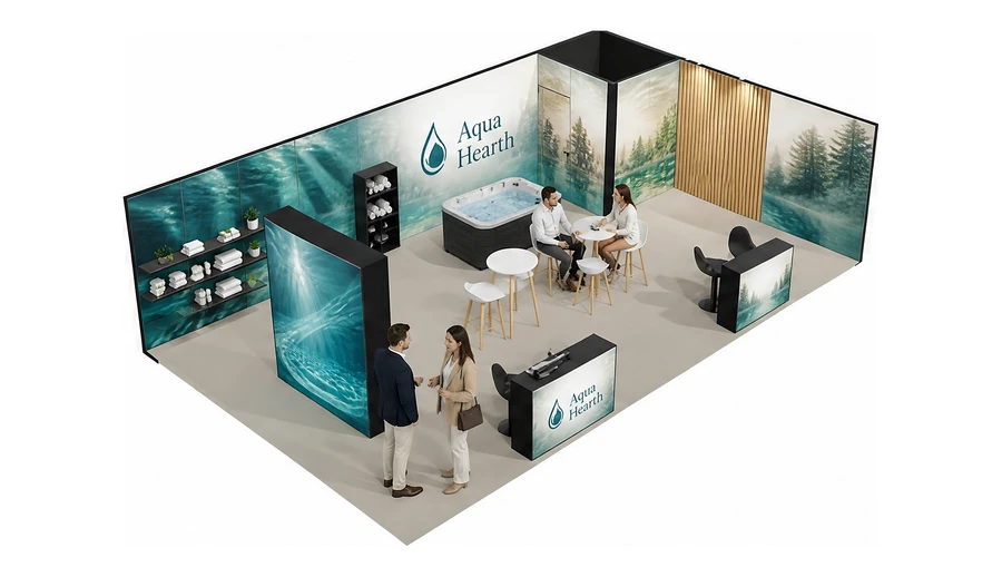 Stoisko 10 × 6 m narożne prawe dla branży baseny i sauny, przykładowa marka Aqua Hearth