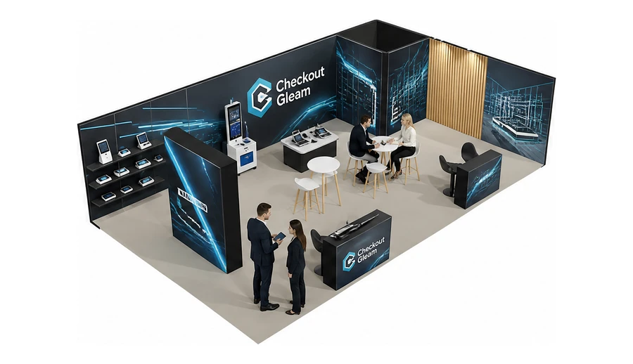 Stoisko 10 × 6 m narożne prawe dla branży technologie dla handlu, przykładowa marka Checkout Gleam