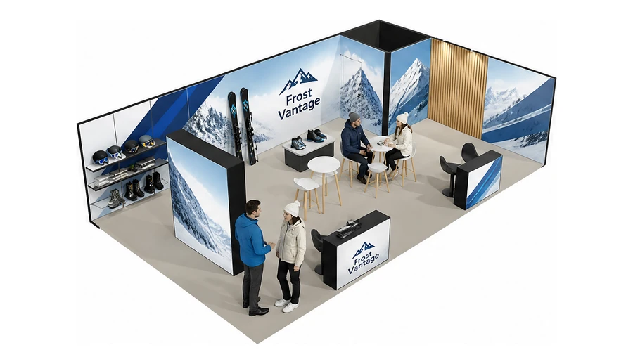Stoisko 10 × 6 m narożne prawe dla branży narciarstwo i sporty zimowe, przykładowa marka Frost Vantage