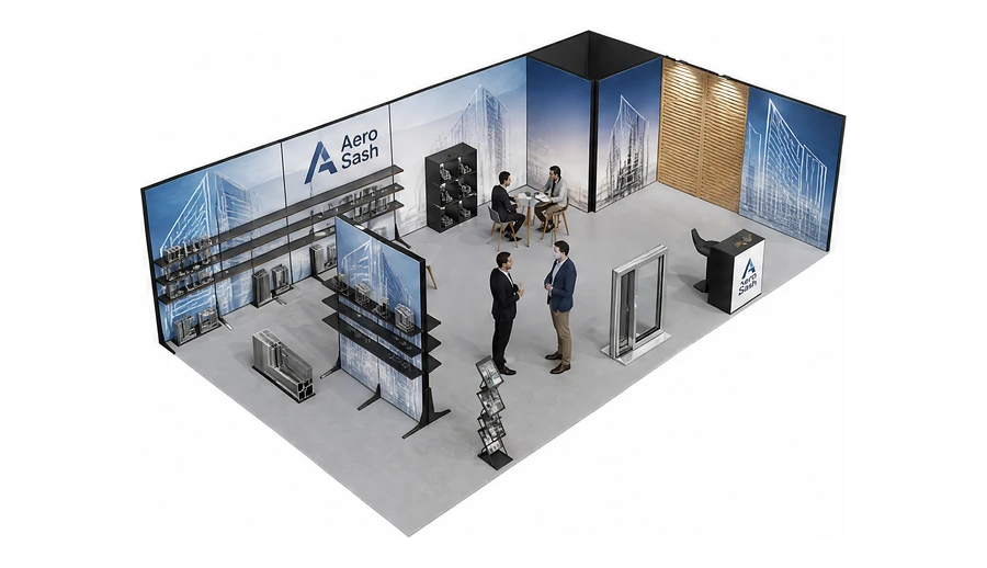 Stoisko 10 × 6 m narożne prawe dla branży profile aluminiowe, przykładowa marka Aero Sash