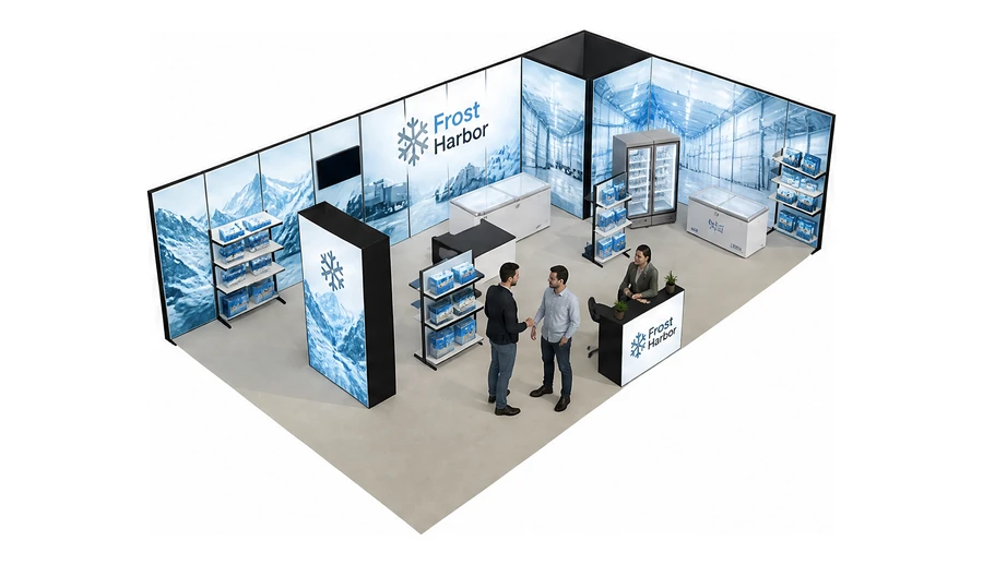 Stoisko 10 × 6 m narożne prawe dla branży łańcuch chłodniczy, przykładowa marka Frost Harbor
