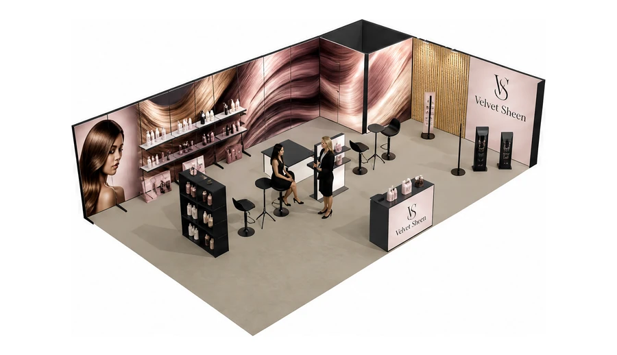 Stoisko 10 × 6 m narożne prawe dla branży fryzjerstwo i salony beauty, przykładowa marka Velvet Sheen