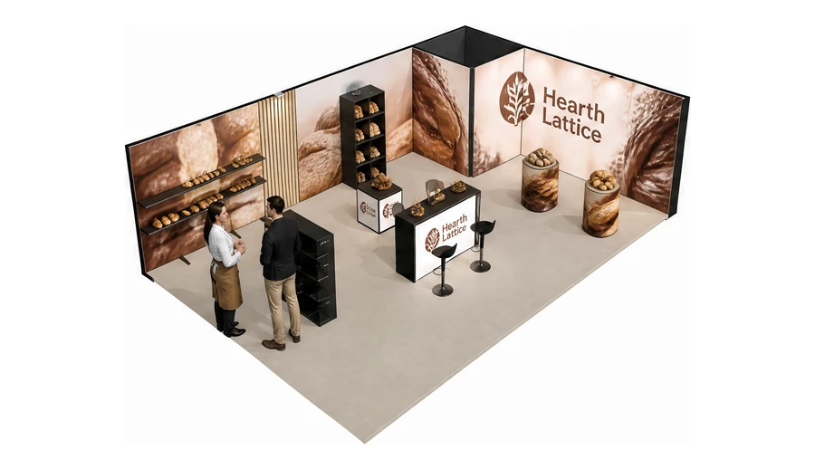 Stoisko 10 × 6 m narożne prawe dla branży piekarnictwo i cukiernictwo, przykładowa marka Hearth Lattice