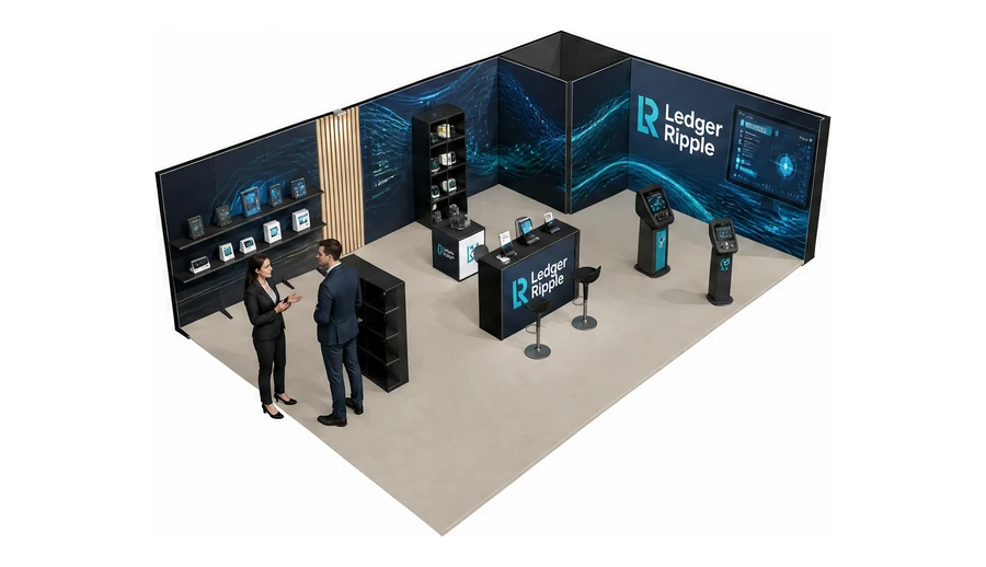 Stoisko 10 × 6 m narożne prawe dla branży płatności online, przykładowa marka Ledger Ripple