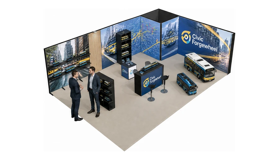 Stoisko 10 × 6 m narożne prawe dla branży autobusy i transport zbiorowy, przykładowa marka Civic Forgewheel
