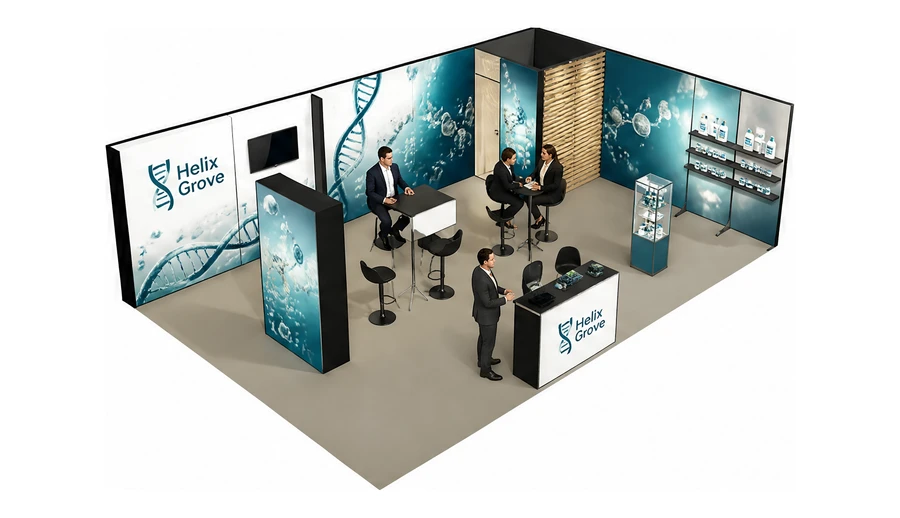 Stoisko 10 × 6 m narożne prawe dla branży farmacja i biotechnologia, przykładowa marka Helix Grove