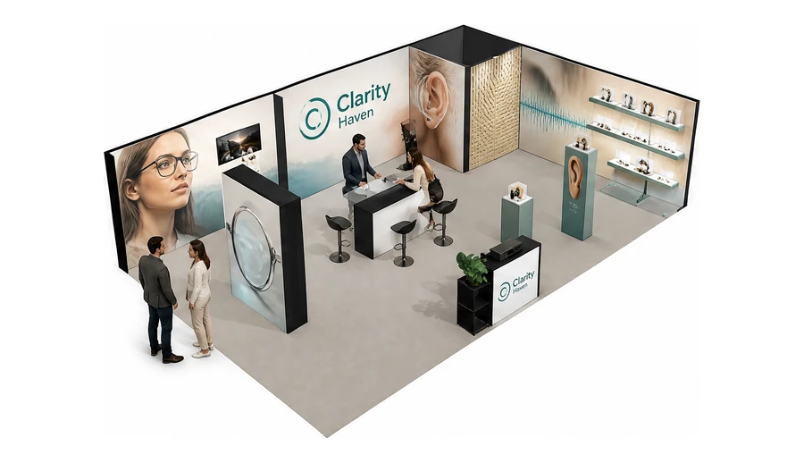 Stoisko 10 × 6 m narożne prawe dla branży optyka i audiologia, przykładowa marka Clarity Haven
